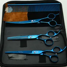 4 шт. костюм 7 ''19,5 см синий цвет Профессиональные Парикмахерские ножницы и расческа+ ножницы для резки+ Истончение+ Изогнутые Ножницы Z3002L