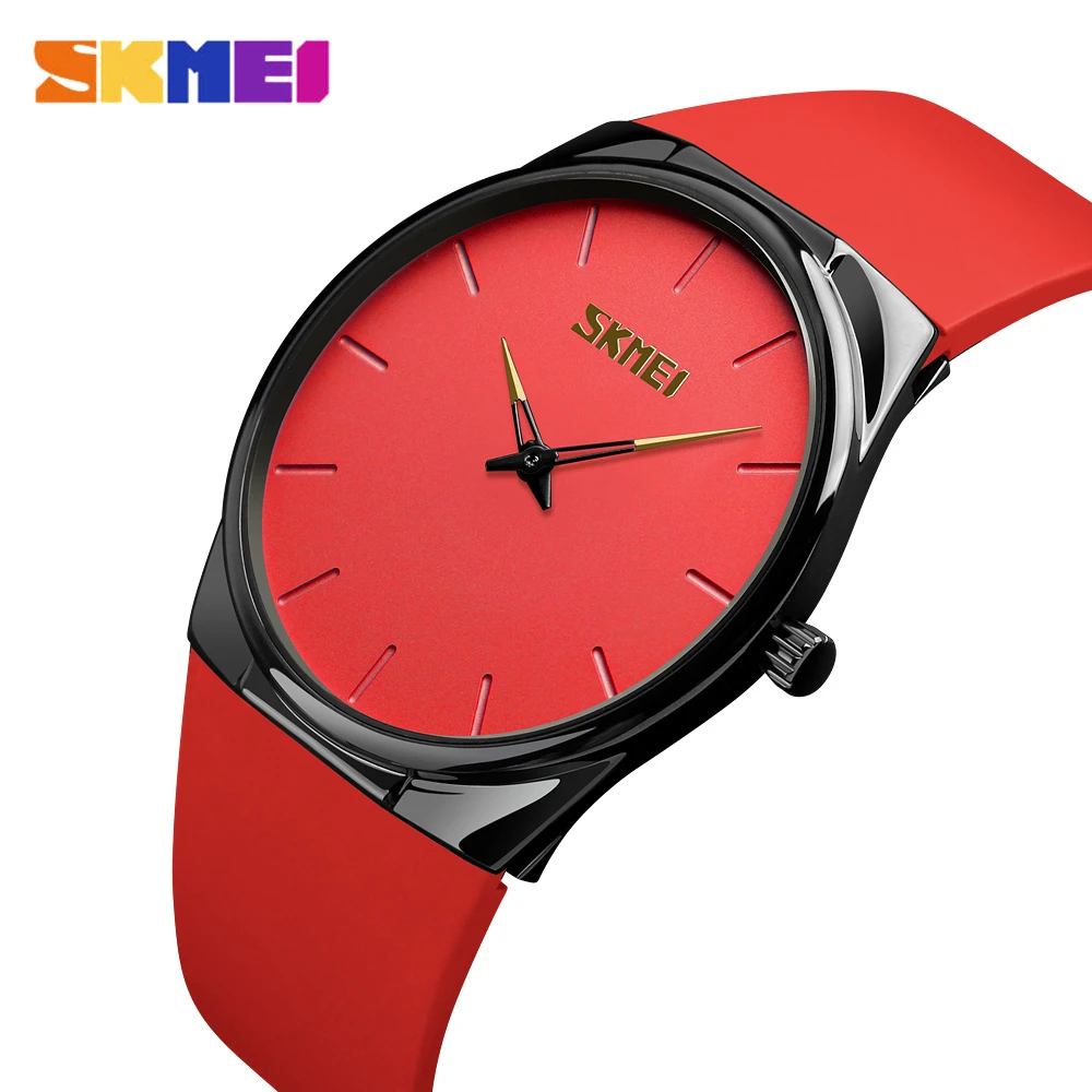 SKMEI мужские часы тонкие роскошные брендовые кварцевые наручные часы повседневные женские часы Простой дизайн 30 м водонепроницаемые часы Relogio Masculino - Цвет: Red