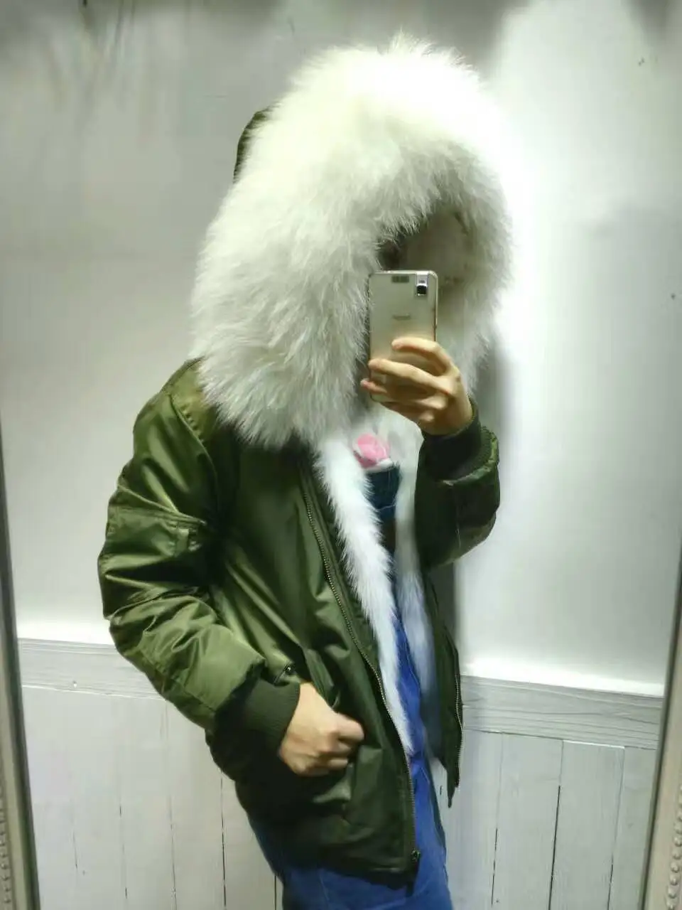 New Style real fox fur lining waterproof warm winter coat white fur coats army green bomber