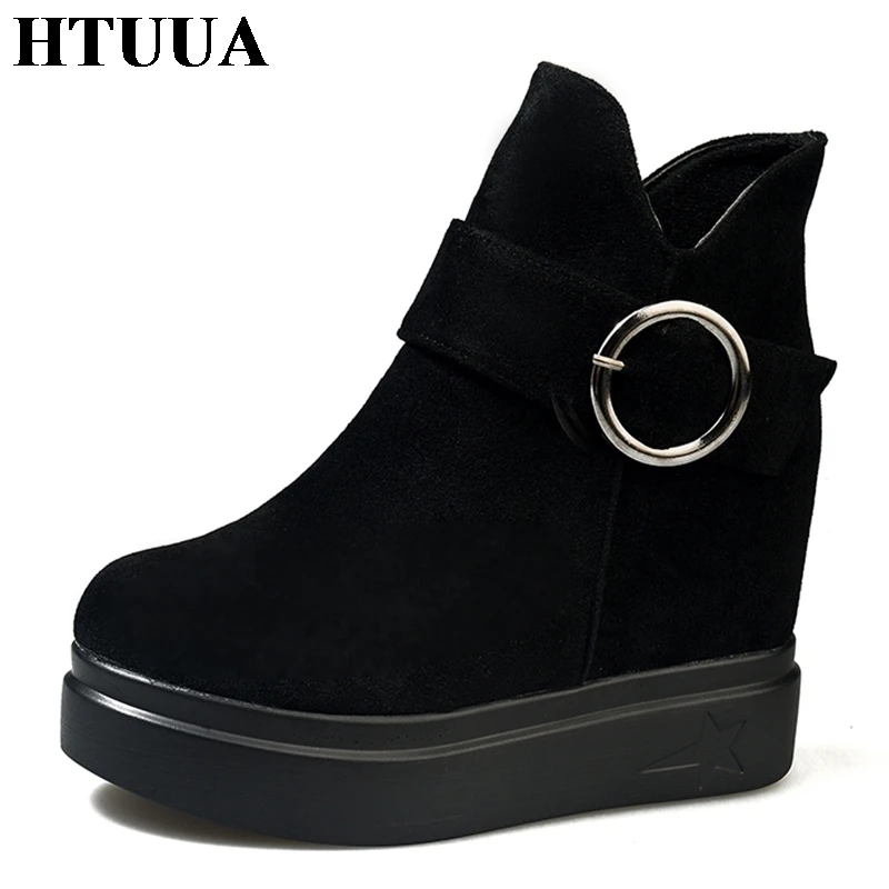 

HTUUA Autumn Winter Ankle Boots For Women Thick Platform Shoes Casual Black Short Boots Motorcycle Martin Boots Zipper SX1745