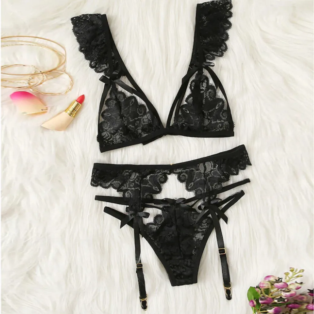 

3-Pc Women Lace Sexy Lingerie Straps Bra and Panty Garter Set Underwear Babydoll sous vetement femme sexy ensemble #P40