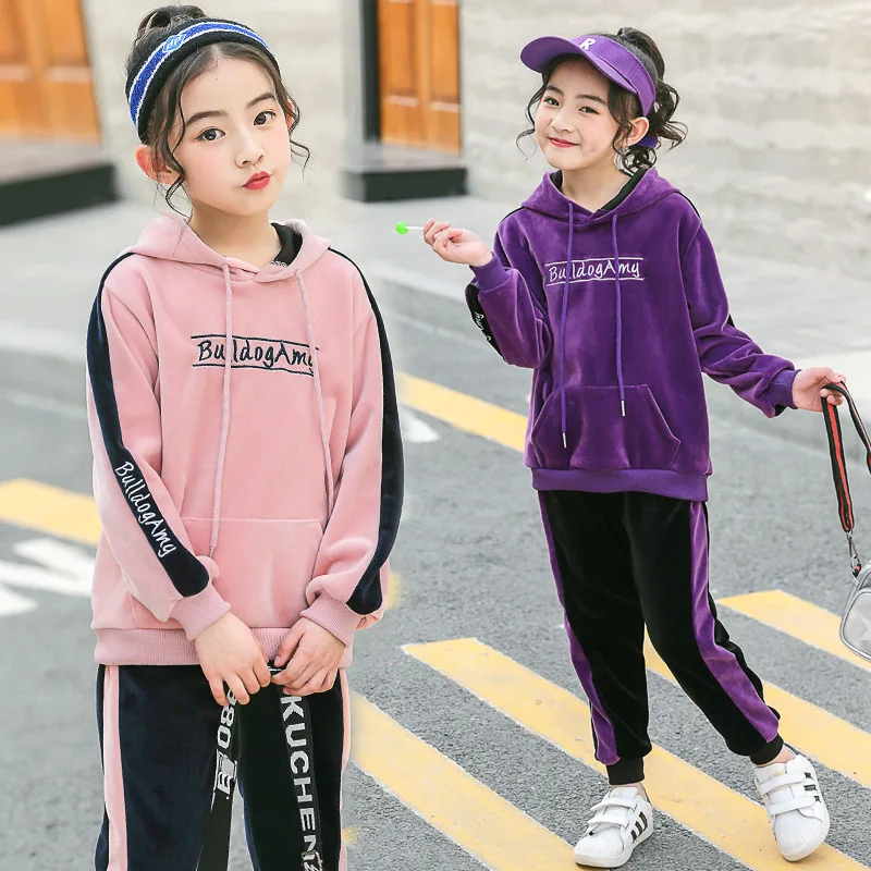 

2019 New Girls Sports Suit Gold Velet Children Clothing Sets Baby Kids Sportswear Big Girls Hoodies Shirt & Pants Twinset Suits
