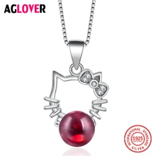 925 Sterling Silver Pendant Necklace Simple Cute Cat Red Crystal Box Chain Women Necklace Jewelry bamoer fashion genuine 925 sterling silver cute pet pussy cat chain pendant necklace for women sterling silver jewelry scn232