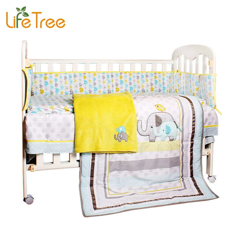 8pcs Baby Crib Bedding Newborn Baby Bedding Set Cute Cartoon Elephant Bumpers/Quilt/Fitted Sheet/Bed Skirt/Blanket for Cot