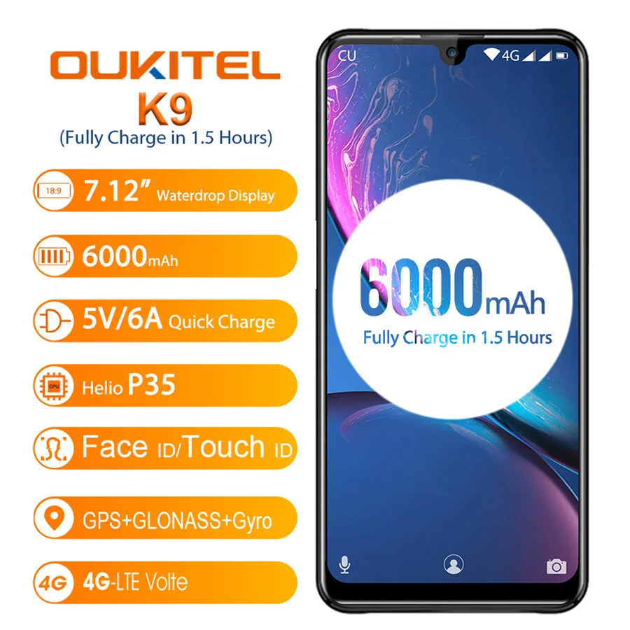 OUKITEL K9 4GB 64GB Водонепроницаемая капля 7,1" FHD+ 1080*2244 6000mAh 5 V/6A Быстрая зарядка 16MP+ 2MP/8MP мобильный телефон Лицо ID OTG Смартфон