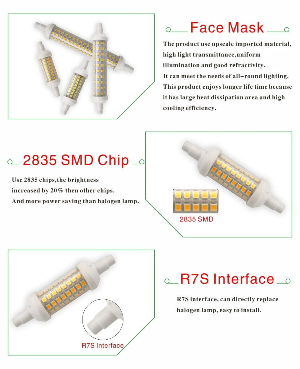 R7s светодиодный светильник 78 мм 118 мм 135 мм светодиодный лампа 6 Вт, 9 Вт, 12 Вт SMD 2835 лампада светодиодный светильник 220 V-240 V AC Заменить галогенная лампа-прожектор