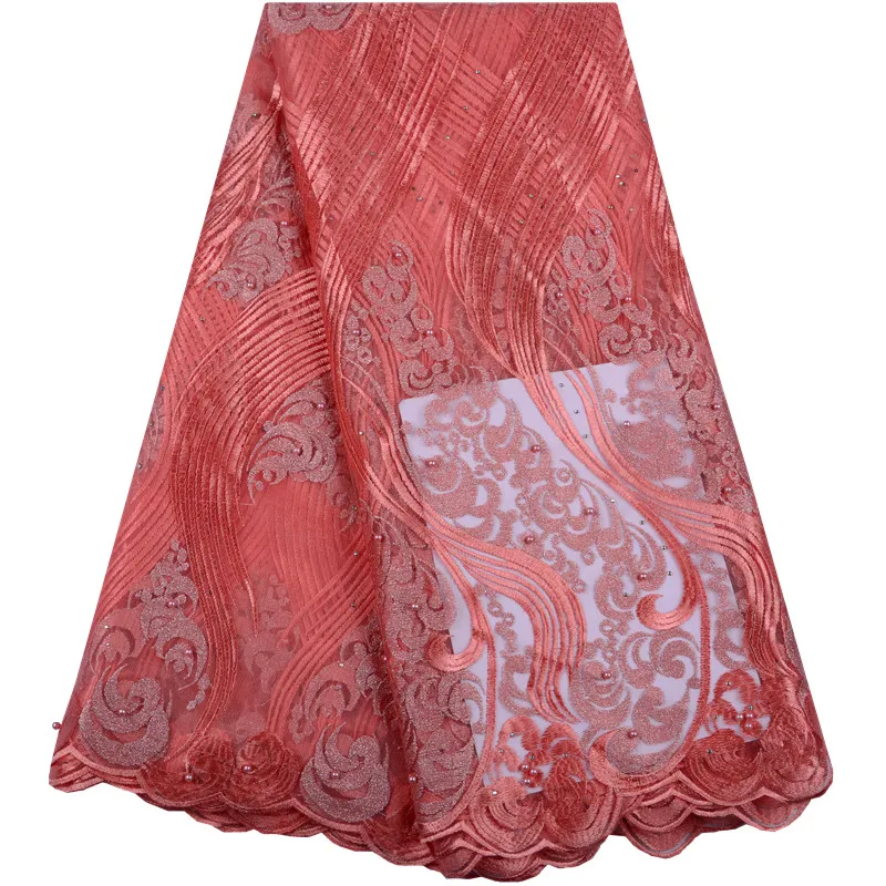

Latest African Laces Nigerian Lace Fabrics For Wedding 2019 Lace Embroidered Stones And Beads Peach Color Lace Fabric F1491