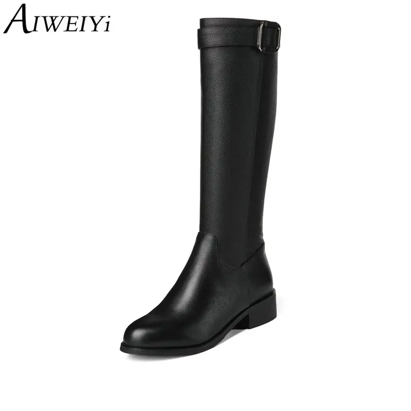 

AIWEIYi New Sexy Knee High Boots for Women Round toe Square Heel Med Heel Shoes Woman Zip Platform Motorcycle Boots Black
