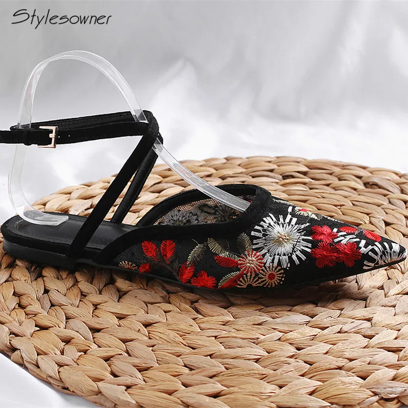 

Stylesowner Suede Leather Mesh Embroider Buckle Flat Shoes Pointed Toe Casual Flats Ankle Strap Flat Casual Shoes New Arrivals