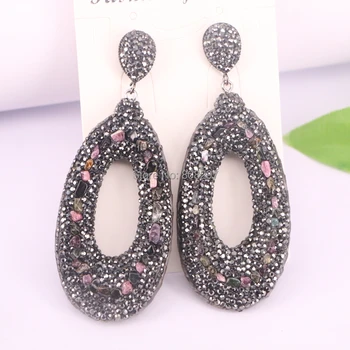 

3Pair Fashion Jewelry Natural Stone Drop Earring Pave Black Rhinestone & Tourmalines Dangle Earrings for Women