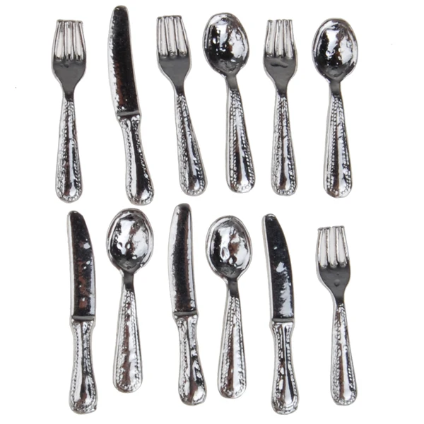 1/12 12 Pcs Dollhouse Miniature Forks, Spoons & Knifes Tableware Stainless Steel Tableware Set  Kitchen Accessories Toys