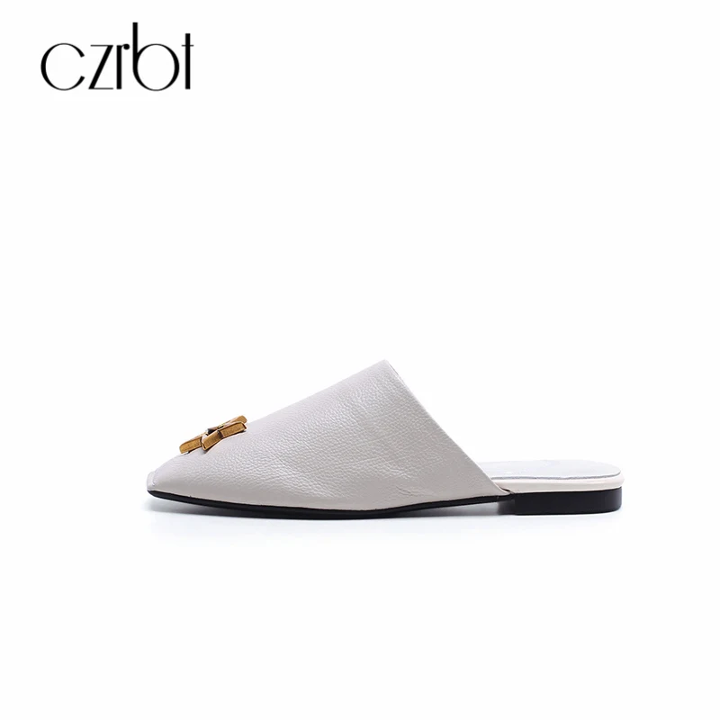 

CZRBT Women Slippers 2018 Summer Handmade Genuine Leather Shoes Low Heel Height 1CM Metal Decoration Outside Women Slides