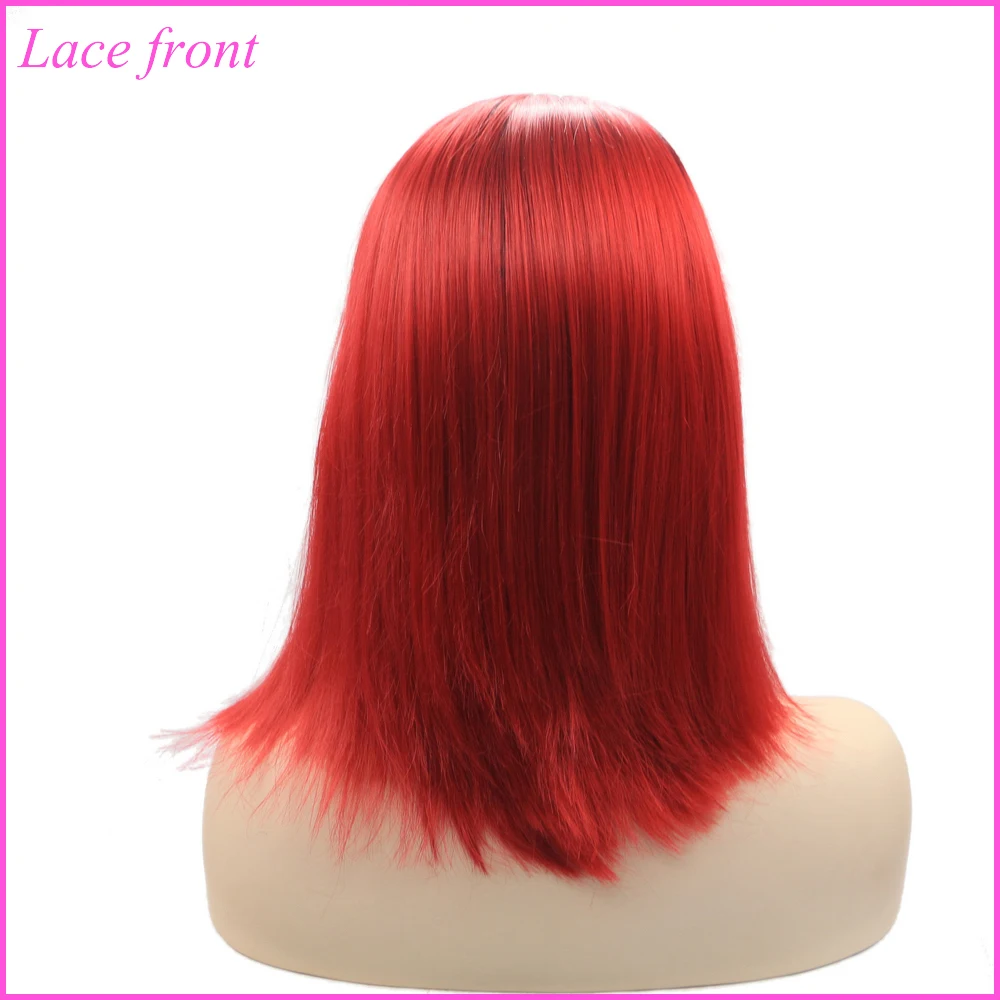 Yiyaobess 14 дюймов бесклеевой короткий прямой парик на кружеве синтетический Розовый Фиолетовый Зеленый Фиолетовый Красный Омбре короткий боб парики для женщин