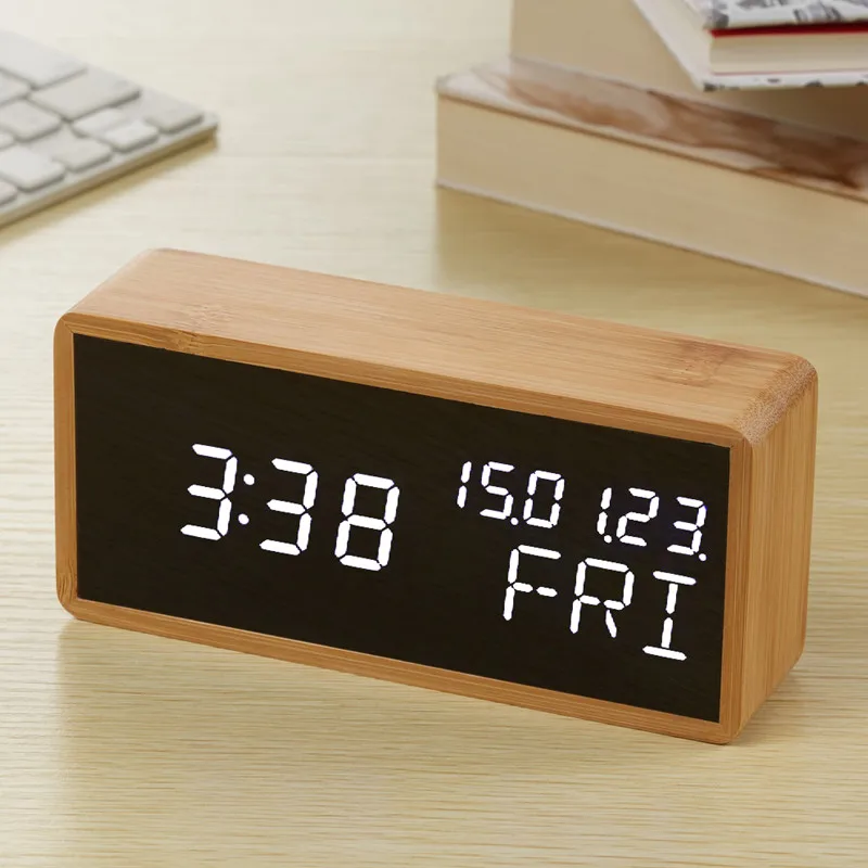 Повтор будильника бамбуковый деревянный светодиодный зеркальный цифровой часы USB электронные часы с календарями настольные часы акустическое управление зондирование - Цвет: WhiteLED Alarm Clock