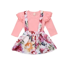 Одежда для новорожденных девочек с длинным рукавом ползунки с оборками Топы+ платье на подтяжках с цветами юбка-штаны на подтяжках, комплект из 2 предметов, комплект одежды