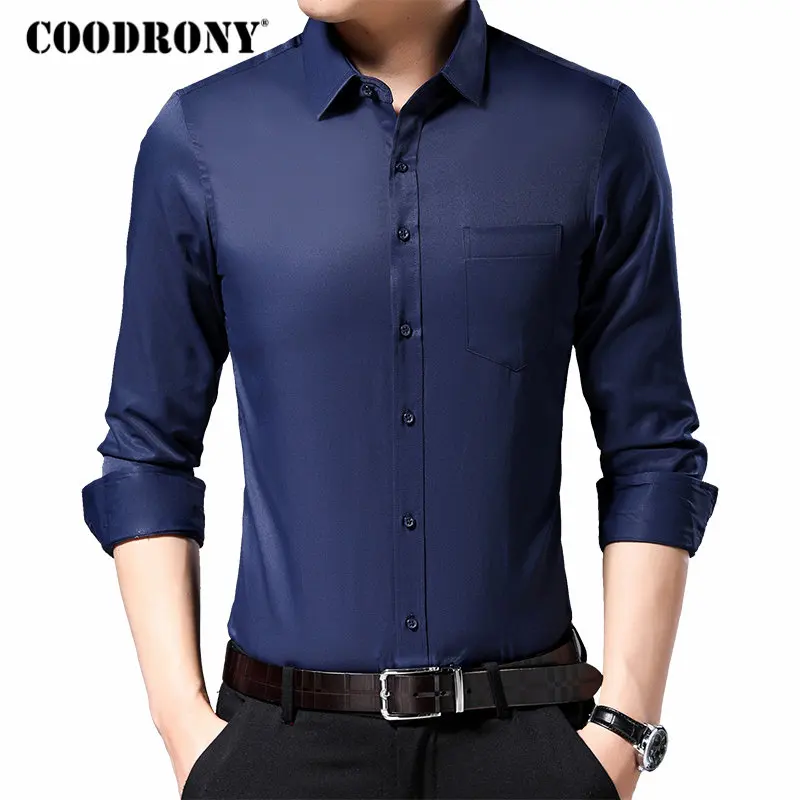 COODRONY бренд Для мужчин рубашка Осенняя рубашка с длинными рукавами Для мужчин Бизнес Повседневное рубашки белый Однотонная одежда Camisa Masculina с карманом 96059