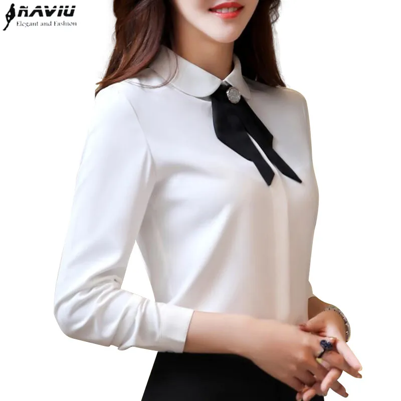 New Spring Elegant bow tie women shirt white fashion clothes formal Business slim chiffon blouse office ladies plus size tops
