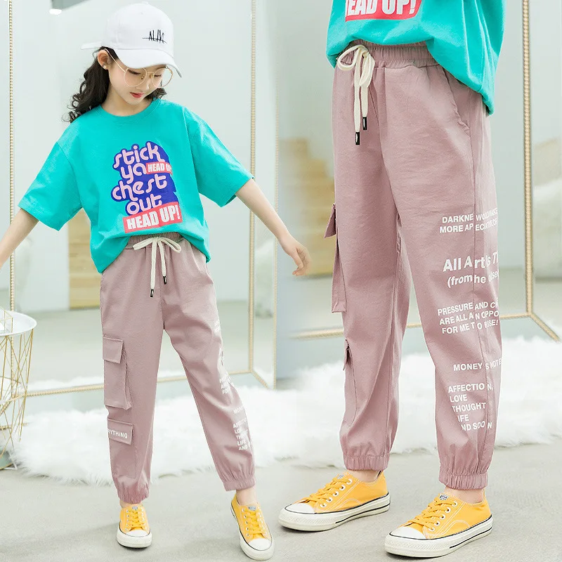 Штаны для девочек детские брюки длинные брюки для больших девочек повседневные штаны с надписями Спортивная одежда для девочек 8 12 лет г. Летняя мода - Цвет: Розовый