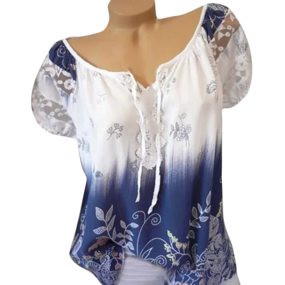 

2019 Summer V Neck Lace Print Blouse Women Plus Size Tops Short Sleeve Blouses Women Shirt Casual Loose Ladies Tops Blusas