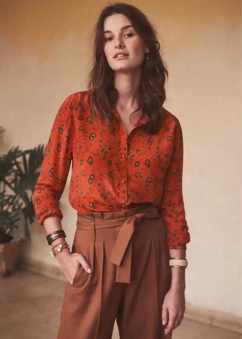 

100% silk blouse 2019 summer new sunflower print vintage orange women's blouse