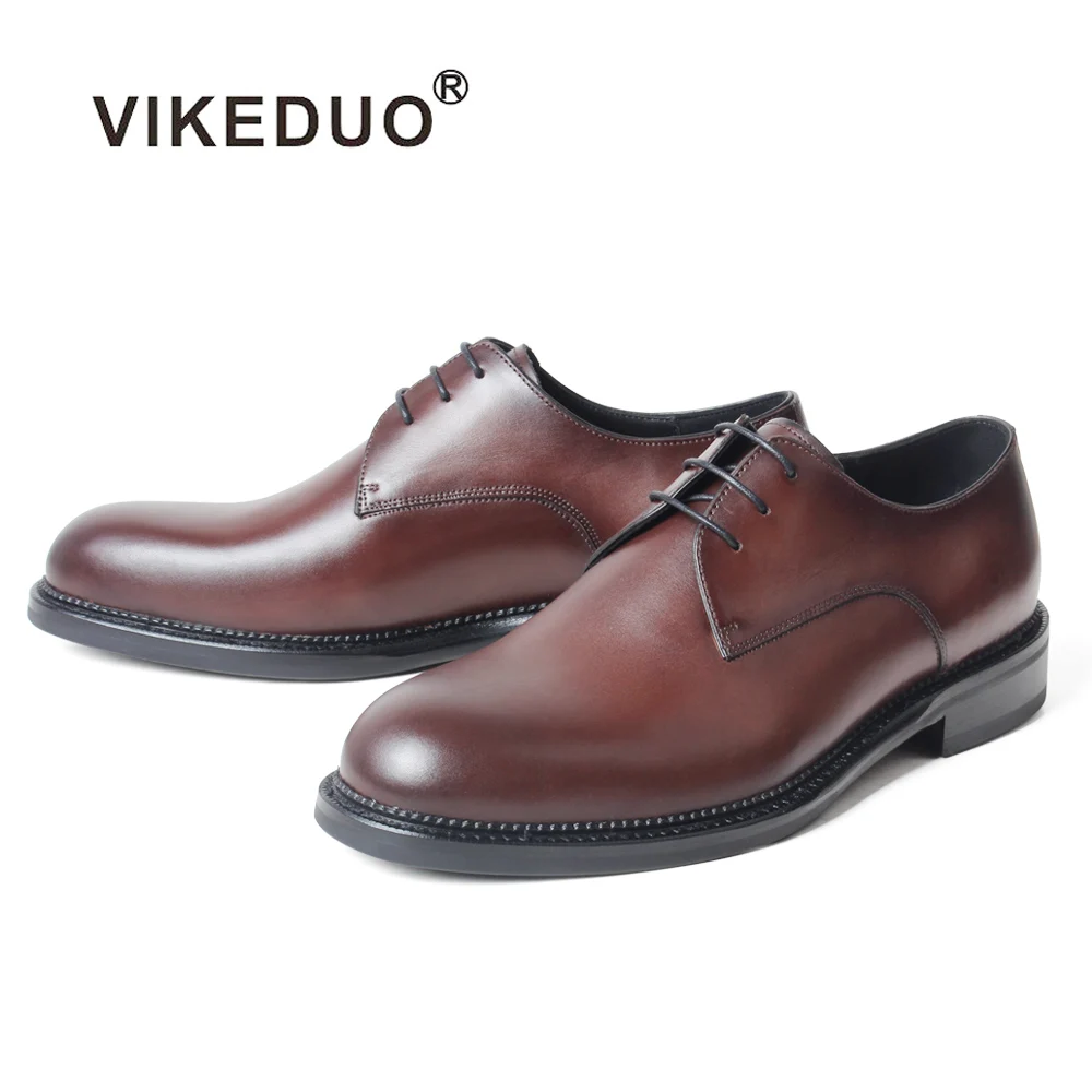 

VIKEDUO Round Leather Men's Brown Shoes Wedding Office Formal Dress Shoes Handmade Patina Mans Footwear Casual Zapatos de Hombre