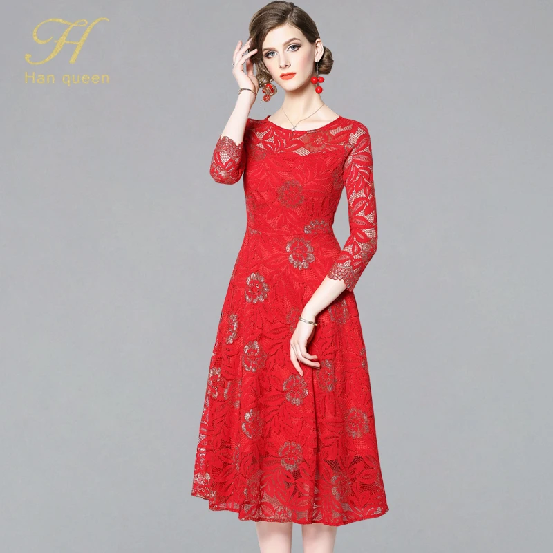 H Han Queen 2019 Spring Lace Dress New Slim Fashion O neck Sexy Hollow ...