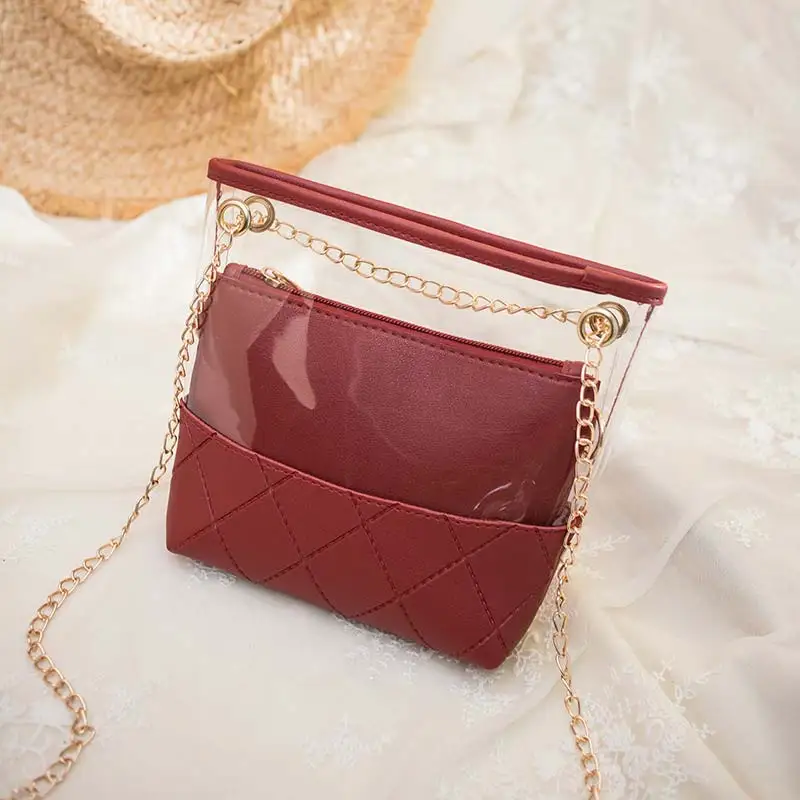Прозрачная клетчатая женская сумка мессенджер на цепочке композитная сумка через плечо женская маленькая мини сумка через плечо сумка Повседневная - Цвет: Красный