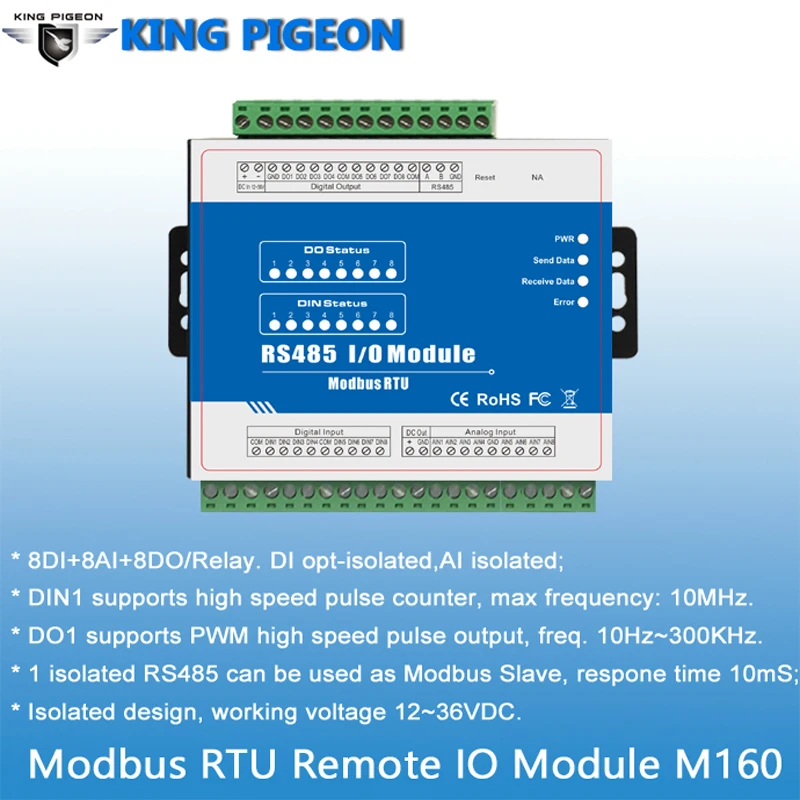 Modbus дистанционного регистрирующий модуль RS485 к Modbus RTU поддерживает ШИМ(8DI+ 8DO+ 8AI) Встроенный сторожевой раковина выход M160