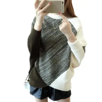 

2019 Autumn Winter New Batwing Sleeve Women Sweater Knitwear Female Loose Oversized Fashion Patchwork Knitted Pullovers Tops C76