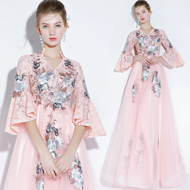 Beauty Emily Grey Lace Evening Dresses 2019 O Neck A line Formal Party Prom Dresses Floor-length Court Train Evening Gown