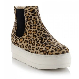 

New Sexy Leopard Print Round Toe Platform Martin Boots For Women Slip-On High-Top Casual Shoes Plus Size 31~43