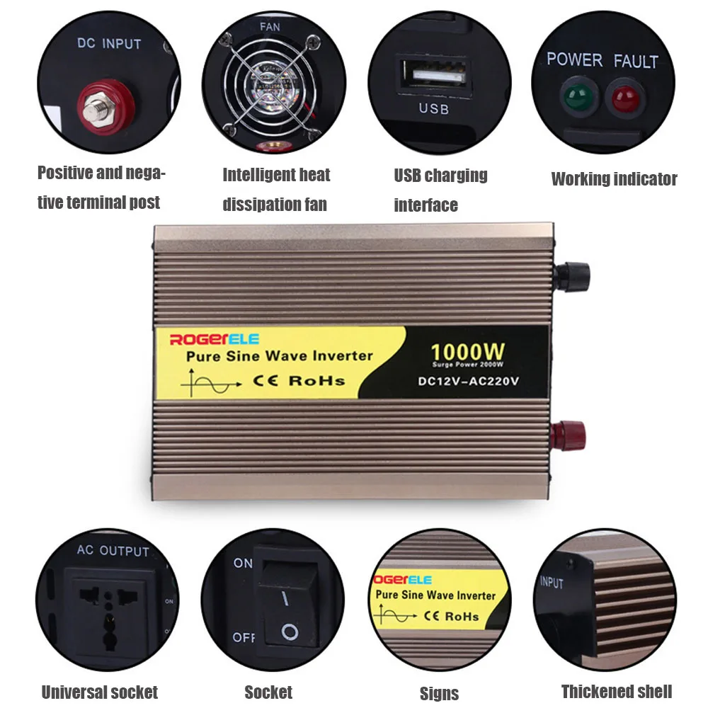 Солнечный синусоидальный инвертор Dc12v 24v 48v к Ac 220v 50hz 60hz 300w Пиковая мощность 600w