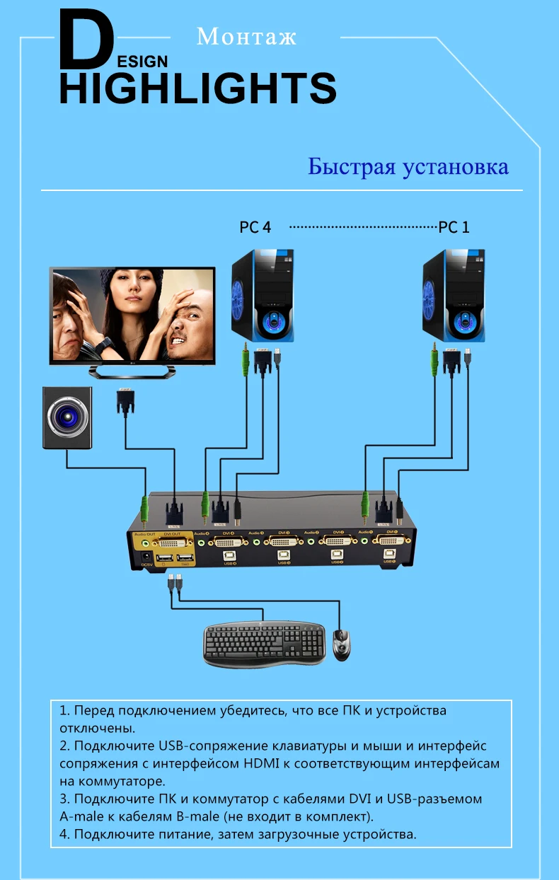 CKL черный металл USB DVI KVM переключатель 4 порта Поддержка аудио Авто сканирования клавиатуры видео мышь коммутатор 1080 P CKL-94D