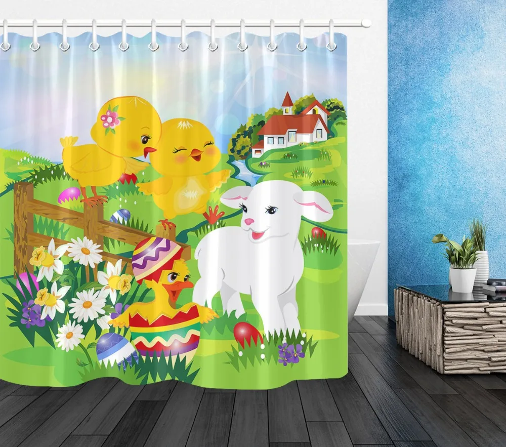 Kids Easter Polyester Shower Curtain Fabric Cartoon Animals Farmhouse ...