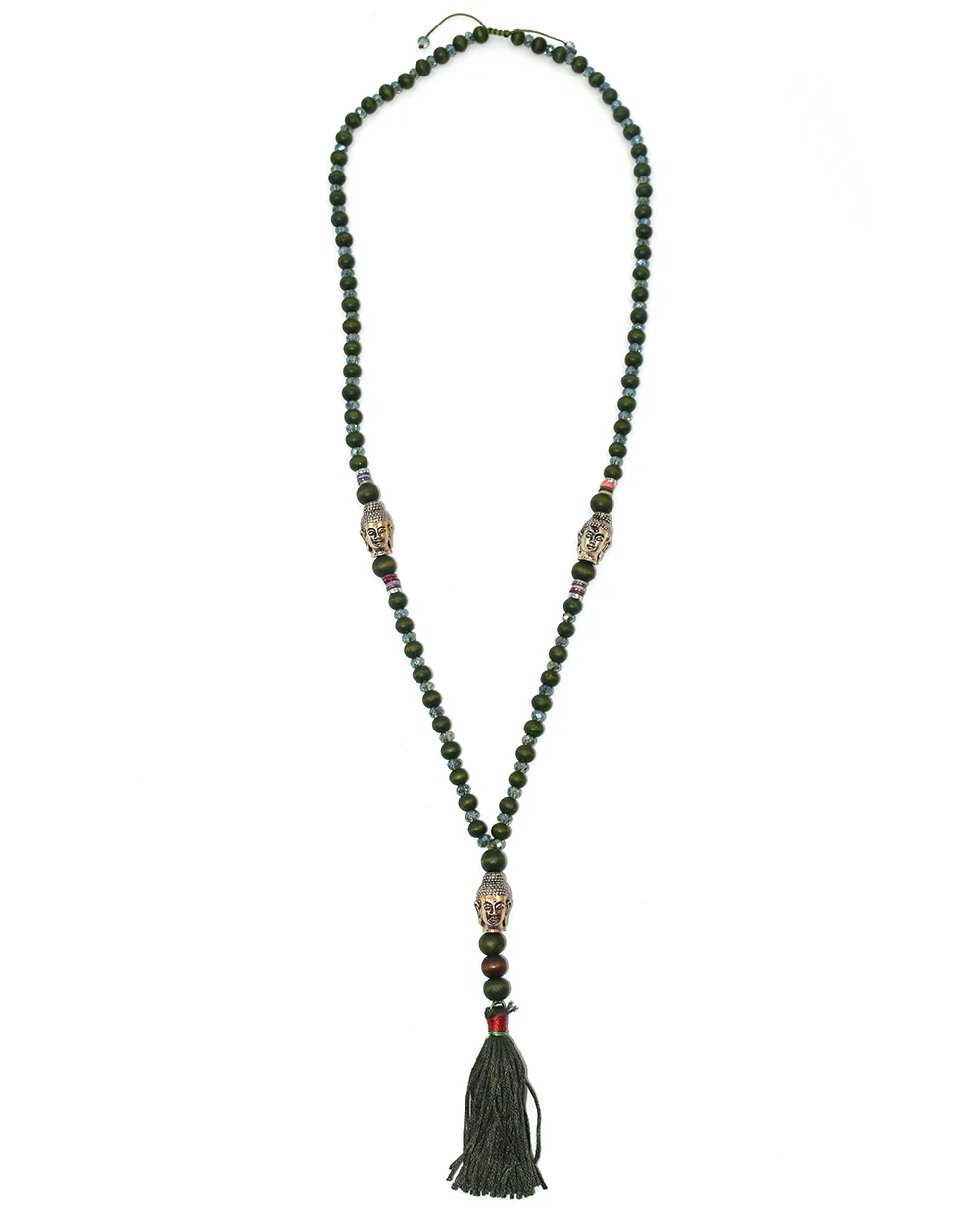 Handmade vintage rosary crystal beads chian necklace tassel Buddha pendent necklace tibetan Buddha Buddhism Olive color necklace