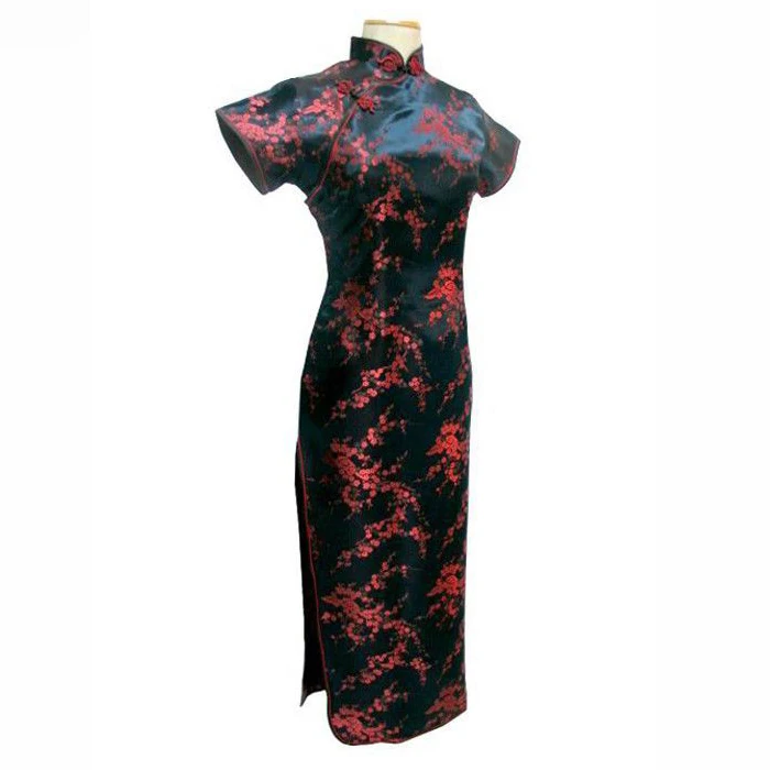 Черное традиционное китайское платье Mujer Vestido Женские атласные Qipao Мини Cheongsam цветочный размер S M L XL XXL XXXL 4XL 5XL 6XL J4039 - Цвет: Black Red - Long