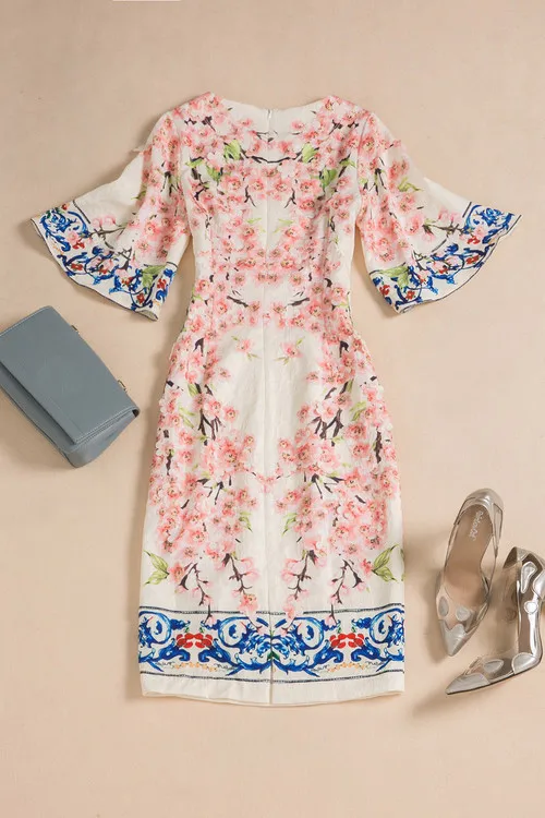 White Flower Appliques Half Flare Sleeve Vintage Printed Straight Knee-length Dress