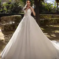 Loverxu Luxury V-Neck A Line Wedding Dress Applique Beading Tank Sleeve Backless Bride Dress Chapel Train Bridal Gowns Plus Size