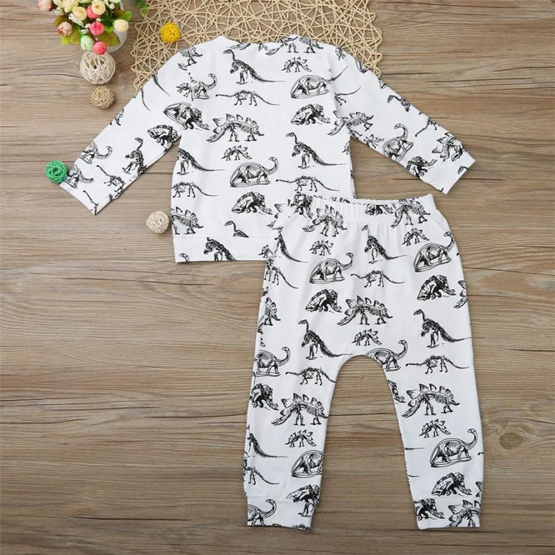 

White Color Hot Cool Newborn Baby Boys Girls Dinosaur Print Tops Pants Set Suit Outfits Clothes drop shipped ST01