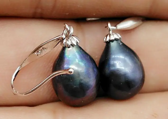 

Free shipping HOT PERFECT 10-12 MM AAA+ BLACK tahitian Dripping PEARLS EARRING 925silver