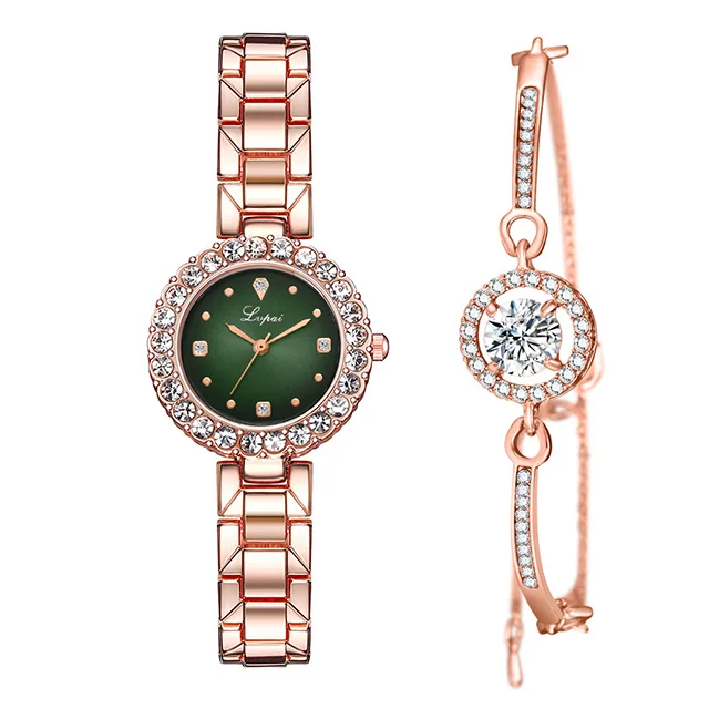Роскошные Алмазные зеленые часы женские часы со стразами браслет набор женские ювелирные изделия Модные розовое золото Звездные кварцевые часы для леди подарок - Цвет: green bracelet