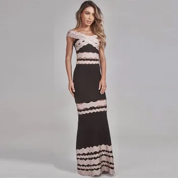 

High Quality Sexy Women Dress Mesh Patchwork Off The Shoulder Rayon Bandage Floor Length Dress Evening Party Dress