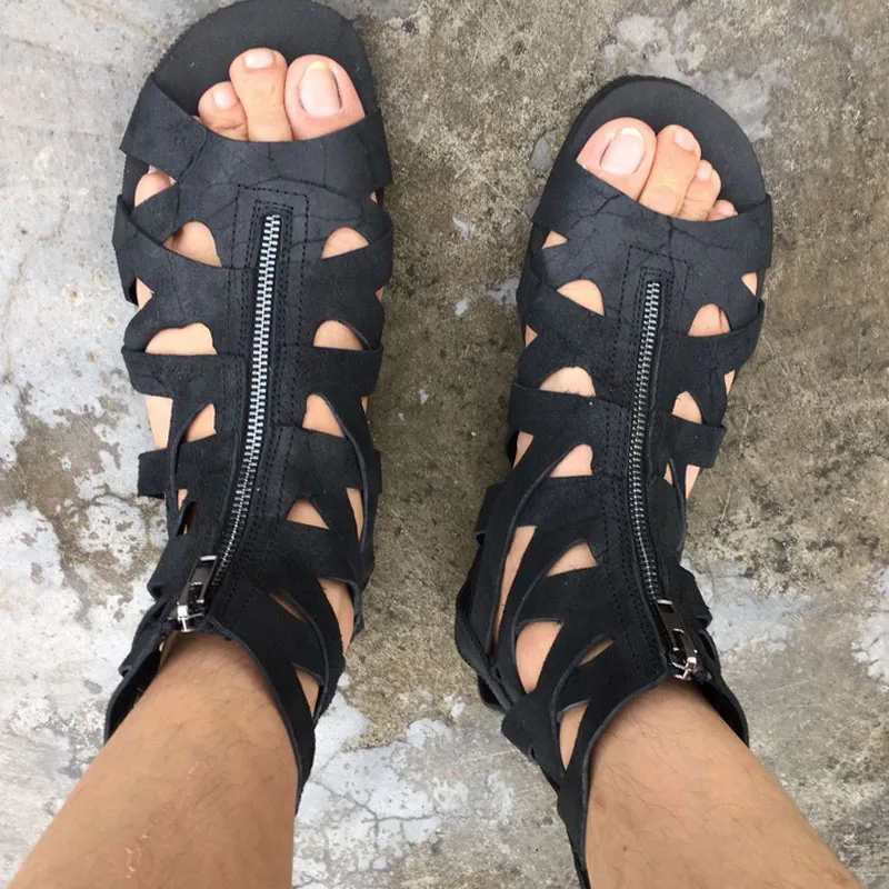 

2017 Top Q Fish Slippers Sandals Summer Roman Style Male High Top Black Leather Flip Flops Casual Shoes Hommes