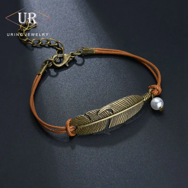 

Hand-woven leather bracelets For Women Men Vintage Gold- Color Leaf White Beads Fashion Jewelry 2018 New Style Party Gifts KB199