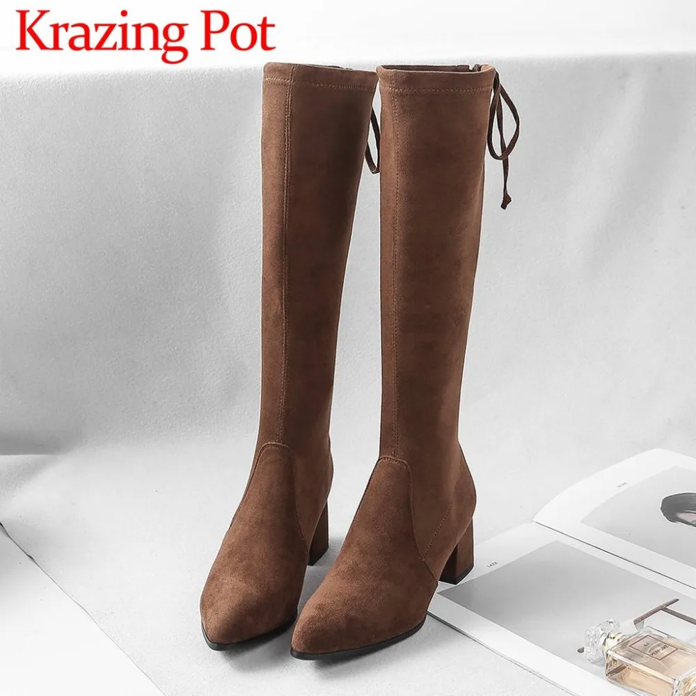 

2018 European style slip on luxury design pointed toe chunky med heels bowtie runway solid stretch knee-high boots for woman L66