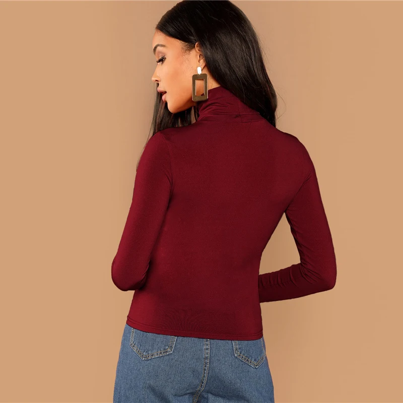 Burgundy Solid High Neck Long Sleeve T-shirt Blouse