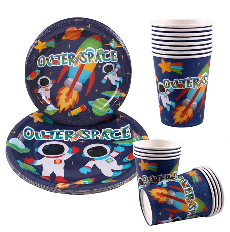 QIFU Outer Space Planet Party Disposable Tableware Birthday Party Decor Kids Disposable Paper Plate Cup Astronaut Party Supplies