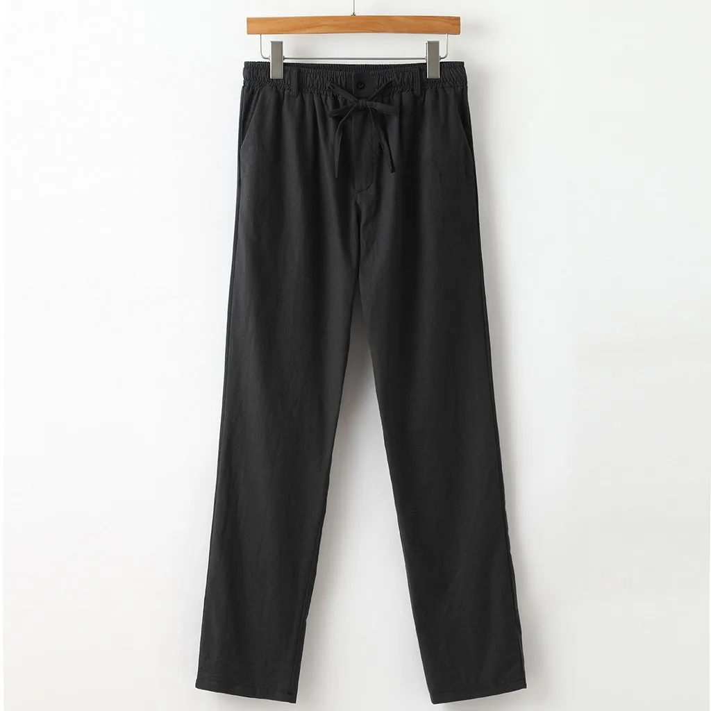 Men's Casual Linen Breathable Loose Long Pants Solid Color Straight Trousers High Quality Casual Travel