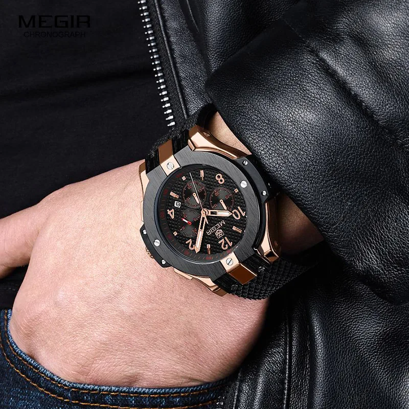 Cheap MEGIR Chronograph Sport Watch Men Creative Big Dial Army Military Quartz Watches Clock Men Wrist Watch Hour Relogio Masculino