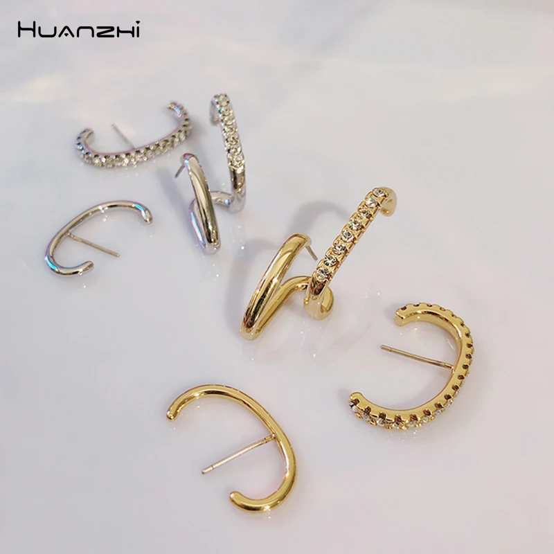 Серьги гвоздики HUANZHI геометрической формы с кристаллами и двойным слоем 2019 3